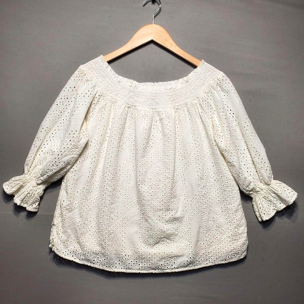 Eva Longoria Eyelet Top Womens‎ XL White Cotton Boho Cottagecore Peasant Blouse